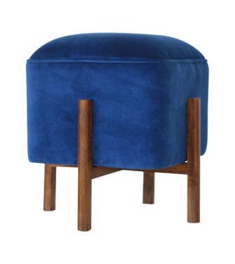 Tabouret en bois massif et velours bleu roi