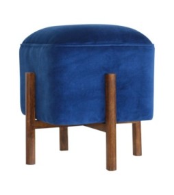 Tabouret en bois massif et velours bleu roi