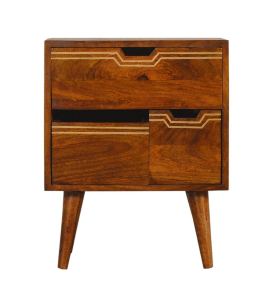 Table de chevet finition châtaigne à plusieurs tiroirs