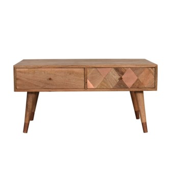Table basse aspect chêne avec incrustations de cuivre