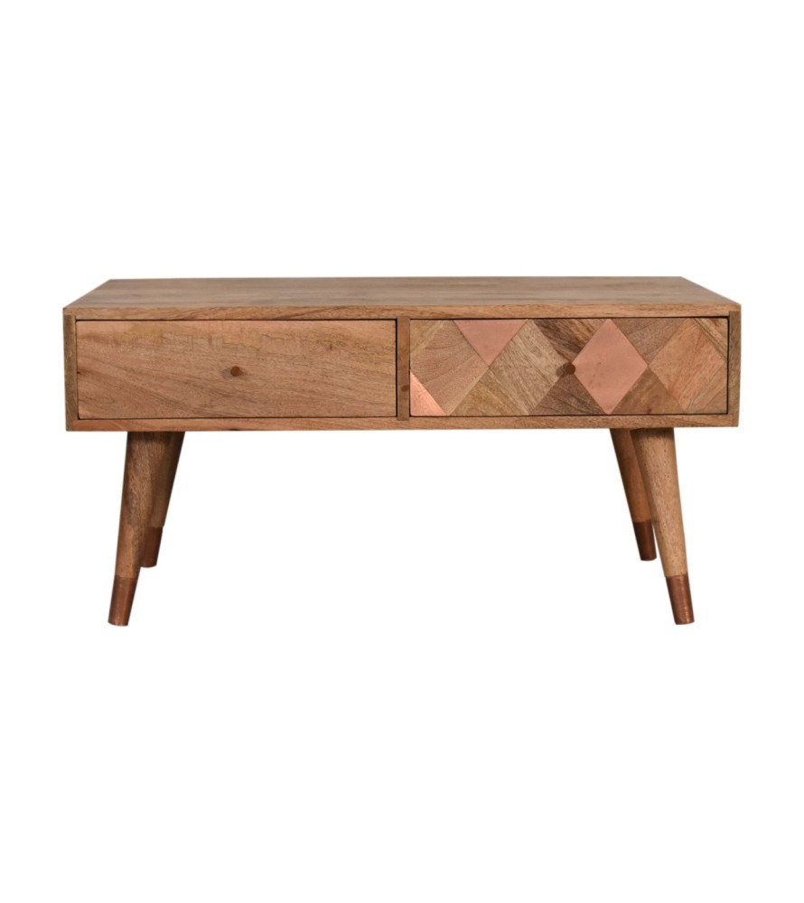 Table basse aspect chêne avec incrustations de cuivre