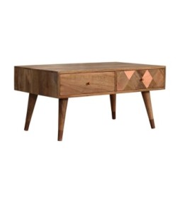 Table basse aspect chêne avec incrustations de cuivre