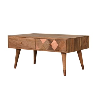 Table basse aspect chêne avec incrustations de cuivre