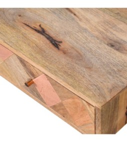 Table basse aspect chêne avec incrustations de cuivre