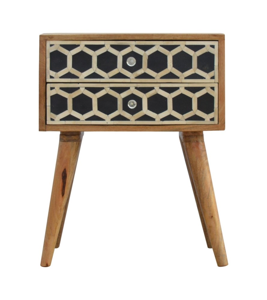 Table de chevet incrustée d'os avec 2 tiroirs