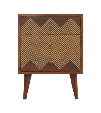 Table de chevet à 3 tiroirs en laiton à chevrons