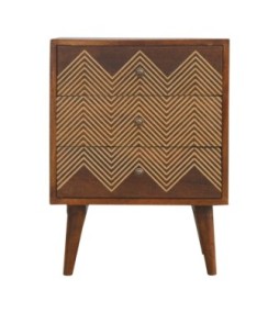 Table de chevet à 3 tiroirs en laiton à chevrons