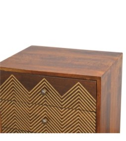 Table de chevet à 3 tiroirs en laiton à chevrons