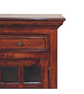 Table de chevet en merisier avec porte vitrée