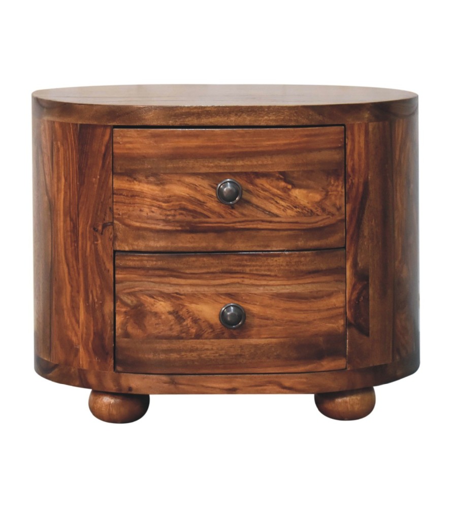 Table de chevet ronde couleur miel avec pieds en forme de boule