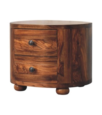 Table de chevet ronde couleur miel avec pieds en forme de boule