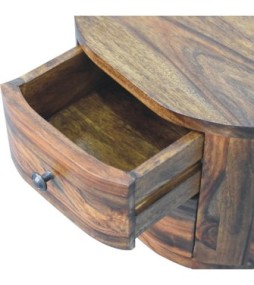Table de chevet ronde couleur miel avec pieds en forme de boule