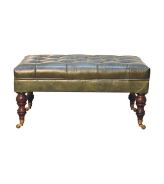 Pouf en cuir vert buffle avec pieds à roulettes