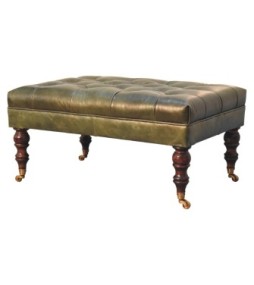 Pouf en cuir vert buffle avec pieds à roulettes