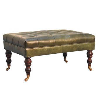 Pouf en cuir vert buffle avec pieds à roulettes
