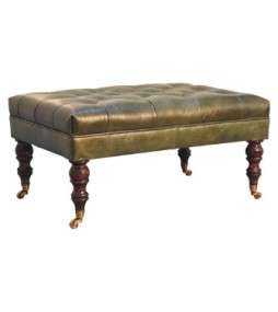 Pouf en cuir vert buffle avec pieds à roulettes