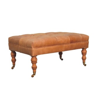 Pouf en cuir fauve avec pieds à roulettes