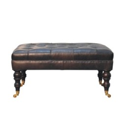 Buffalo Ash Black Leather Ottoman with Castor Legs