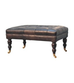 Buffalo Ash Black Leather Ottoman with Castor Legs