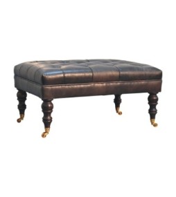 Buffalo Ash Black Leather Ottoman with Castor Legs