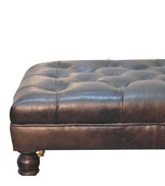 Buffalo Ash Black Leather Ottoman with Castor Legs