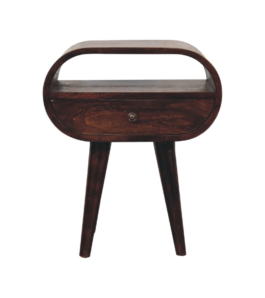Table de chevet ronde finition noyer avec fente ouverte