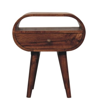 Table de chevet ronde couleur miel caramel avec fente ouverte