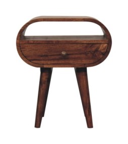 Table de chevet ronde couleur miel caramel avec fente ouverte