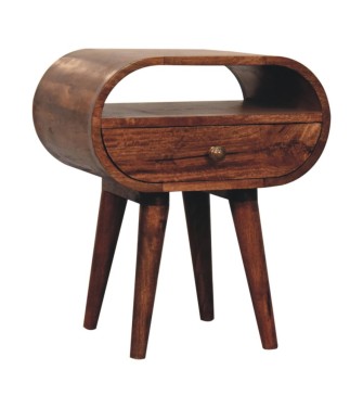 Table de chevet ronde couleur miel caramel avec fente ouverte