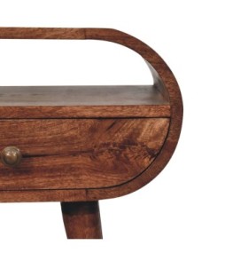 Table de chevet ronde couleur miel caramel avec fente ouverte
