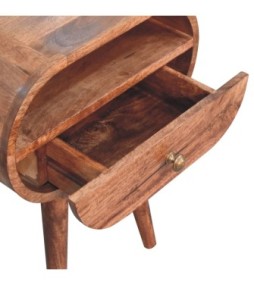 Table de chevet ronde couleur miel caramel avec fente ouverte