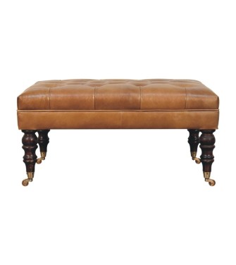 California Walnut Buffalo Brown Leather Ottoman with Castor Legs