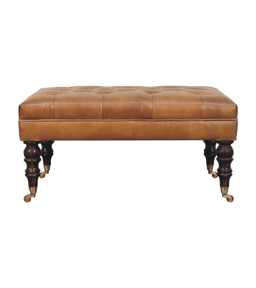 California Walnut Buffalo Brown Leather Ottoman with Castor Legs