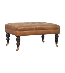 California Walnut Buffalo Brown Leather Ottoman with Castor Legs