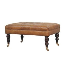 California Walnut Buffalo Brown Leather Ottoman with Castor Legs