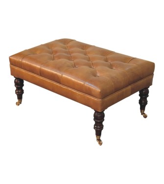 California Walnut Buffalo Brown Leather Ottoman with Castor Legs