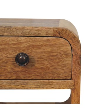 Table de chevet basse incurvée extra mini, finition aspect chêne