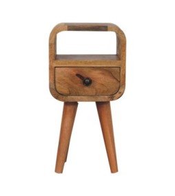 Table de chevet incurvée extra mini avec niche ouverte, finition aspect chêne