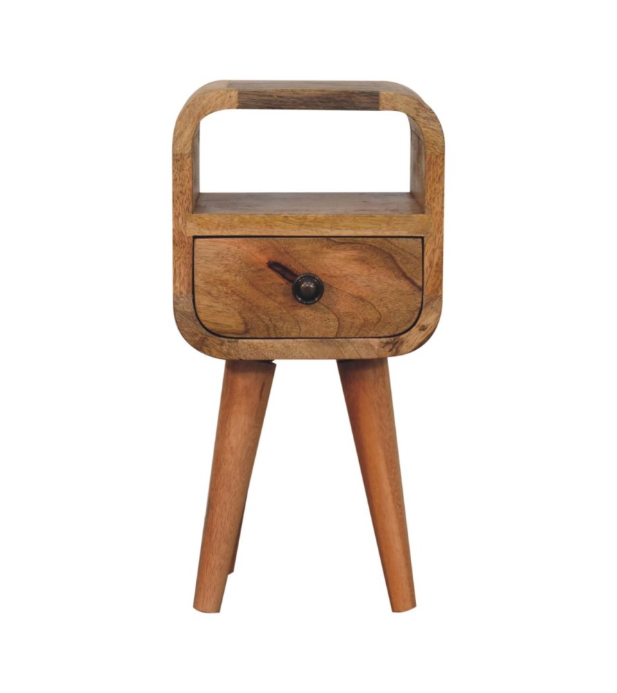 Table de chevet incurvée extra mini avec niche ouverte, finition aspect chêne