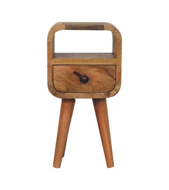 Table de chevet incurvée extra mini avec niche ouverte, finition aspect chêne