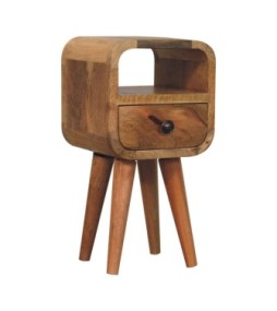 Table de chevet incurvée extra mini avec niche ouverte, finition aspect chêne