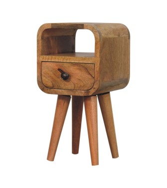 Table de chevet incurvée extra mini avec niche ouverte, finition aspect chêne