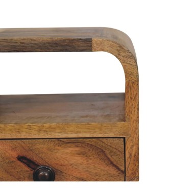 Table de chevet incurvée extra mini avec niche ouverte, finition aspect chêne