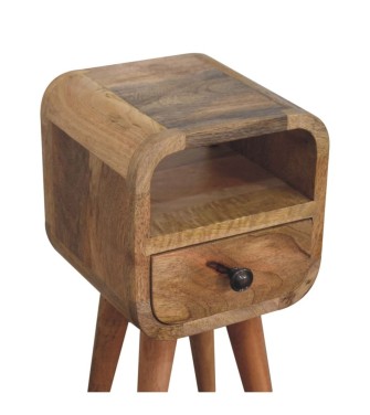 Table de chevet incurvée extra mini avec niche ouverte, finition aspect chêne