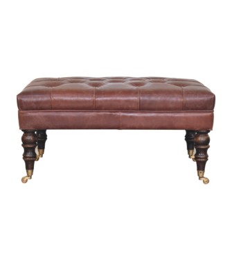 Pouf en cuir marron buffle avec pieds à roulettes
