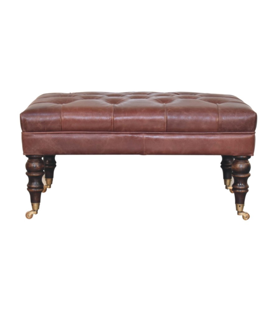 Pouf en cuir marron buffle avec pieds à roulettes