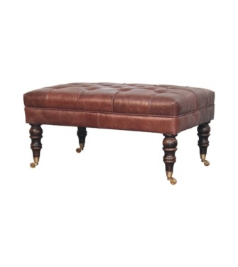 Pouf en cuir marron buffle avec pieds à roulettes