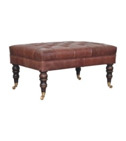 Pouf en cuir marron buffle avec pieds à roulettes