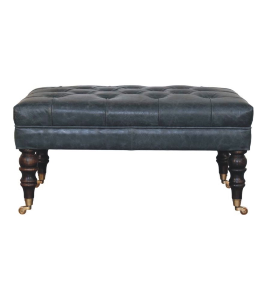 Pouf en cuir bleu sarcelle Buffalo avec pieds à roulettes