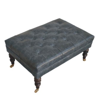 Pouf en cuir bleu sarcelle Buffalo avec pieds à roulettes